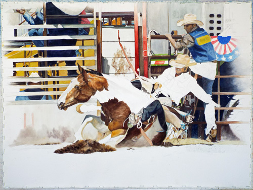 “Prescott AZ Rodeo Bronco Rider” Watercolor in Progress, 30” x 22”by artist Mary Dove. See her portfolio by visiting www.ArtsyShark.com 