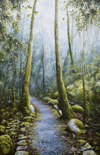 "Misty Meanderings" Acrylic on Canvas, 50cm x 75cm by artist Roslyn Oakes. See her portfolio by visiting www.ArtsyShark.com