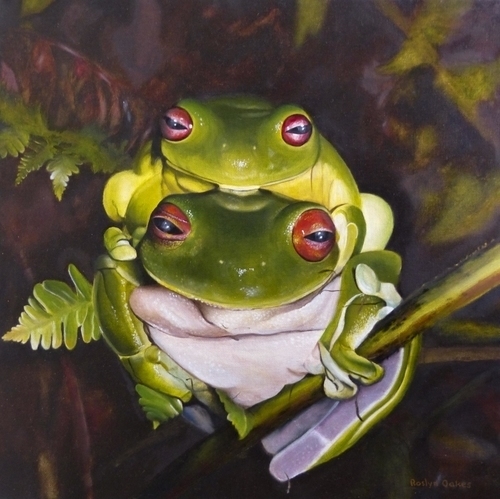 "White Lipped Green Tree Frogs" Oil on Canvas, 45cm x 45cm by artist Roslyn Oakes. See her portfolio by visiting www.ArtsyShark.com