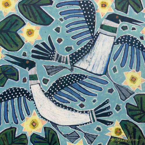“Loons in the Lily Pads” Acrylic and Wax on Panel, 24” x 24”by artist Shelle Lindholm. See her portfolio by visiting www.ArtsyShark.com 