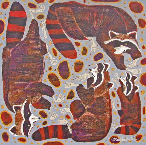 “Rowdy Raccoons” Acrylic and Wax on Board, 24” x 24” by artist Shelle Lindholm. See her portfolio by visiting www.ArtsyShark.com