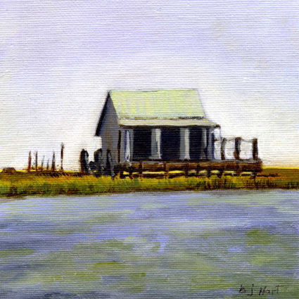 “Seaside Waterman's Cabin” Oil on Canvas Board, 6" x 6"by artist Barbara Hart. See her portfolio by visiting www.ArtsyShark.com 