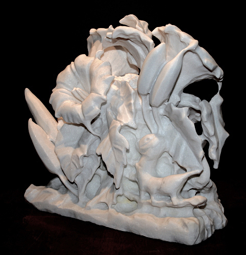 “Sacred Datura” (front view) White Marble, 11” x 12” x 6” by artist Jack Inson. See his portfolio by visiting www.ArtsyShark.com