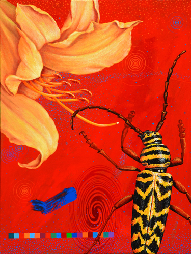 “Day Lily & Locust Borer Beetle” Enamel on Canvas, 18" x 24" by artist Scott McIntire. See his portfolio by visiting www.ArtsyShark.com