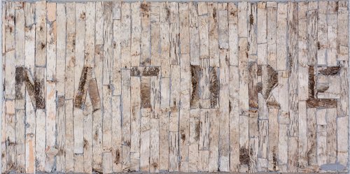 "Birch Bark and Gray" birch bark, latex, caulk, paint on canvas, 48” x 24” by artist David Moneypenny. See his feature at www.ArtsyShark.com