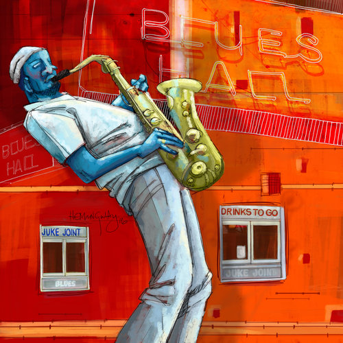 “Blues Hall” Digital Mixed Media, 12” x 12” by artist Juliette Hemingway. See her portfolio by visiting www.ArtsyShark.com