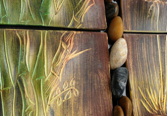 Detail shot, ceramic mural by artist Brenda McMahon