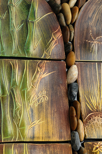 Detail shot, ceramic mural by artist Brenda McMahon