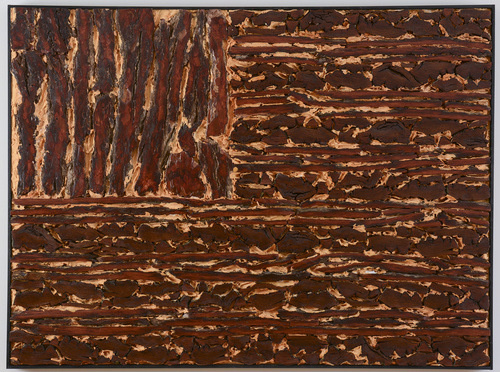 “Flag #4” red pine bark, latex caulk, paint on canvas, 60” x 32” by David Moneypenny, featured at www.ArtsyShark.com