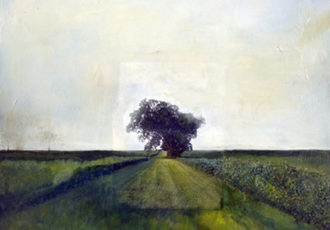 “Lone Tree” Collage and Oil on Canvas, 24" x 24" by artist Barbara Hart. See her portfolio by visiting www.ArtsyShark.com
