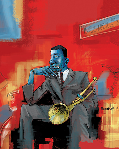 “Man and His Trumpet” Digital Mixed Media, 11” x 14” by artist Juliette Hemingway. See her portfolio by visiting www.ArtsyShark.com