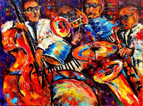 “Sounds of Jazz” Acrylic and Mixed Media on Canvas, 36" x 48" by artist Helen Kagan. See her portfolio by visiting www.ArtsyShark.com