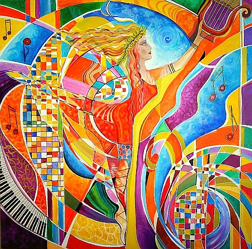 “Terpsichore” (From the series "Muses and Music") Acrylic on Canvas, 48” x 48” © ArtSynergism by Garsot and Helen Kagan – 2016. See Helen Kagan's portfolio by visiting www.ArtsyShark.com