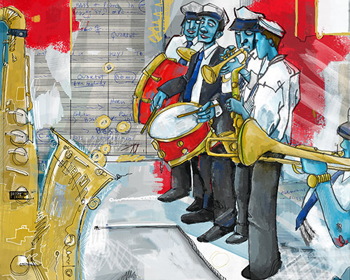 “The Band Played On” Digital Mixed Media, 14” x 11” by artist Juliette Hemingway. See her portfolio by visiting www.ArtsyShark.com
