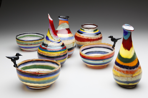 Mix of Striped Vases and Bowls, Lampworked Borosilicate Glass, Various Sizes by artist Jim Loewer. See his portfolio by visiting www.ArtsyShark.com