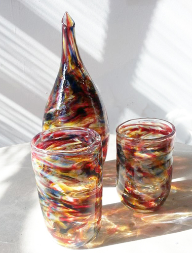 “Swirl Gourd Vase and Swirled Tumblers” Lampworked Borosilicate Glass, 10”H and 4.5”H x 2.74”D by artist Jim Loewer. See his portfolio by visiting www.ArtsyShark.com