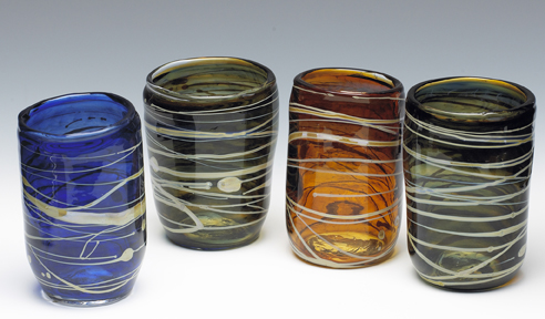 “Colorful Tumblers” Lampworked Borosilicate Glass, 4.5”H x 2.74”D by artist Jim Loewer. See his portfolio by visiting www.ArtsyShark.com