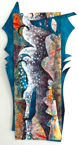 “I Hear The Feet of Rain Approaching #2” Acrylic, Mixed Media, Collage, Sewing on Paper mounted on Board, 30” x 50” by artist Roxane Hollosi. See her portfolio by visiting www.ArtsyShark.com