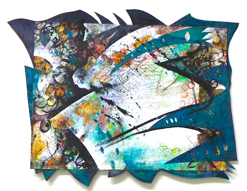“Southern Rain” Acrylic, Mixed Media, Collage, Sewing on Paper mounted on Board, 30” x 22”by artist Roxane Hollosi. See her portfolio by visiting www.ArtsyShark.com