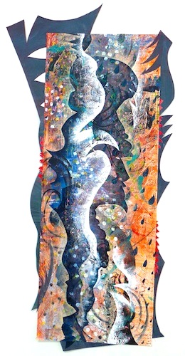 “I Hear The Feet of Rain Approaching #4” Acrylic, Mixed Media, Collage, Sewing on Paper mounted on Board, 30” x 54”by artist Roxane Hollosi. See her portfolio by visiting www.ArtsyShark.com