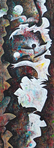 “I Hear the Feet of Rain Approaching #7” Acrylic, Mixed Media, Collage on Paper mounted on Board, 18” x 48” by artist Roxane Hollosi. See her portfolio by visiting www.ArtsyShark.com