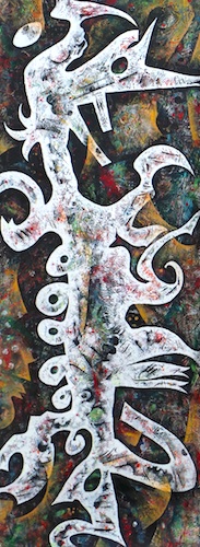 “Nascent Spirhouette” Acrylic, Mixed Media, Collage on Paper mounted on Board, 18” x 48” by artist Roxane Hollosi. See her portfolio by visiting www.ArtsyShark.com