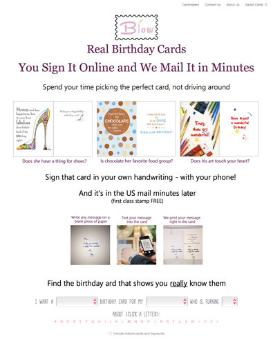 Blow Birthday Cards. They offer an interesting e-commerce model for artists to sell their designs.