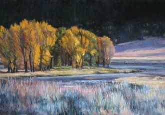 “Fall On the Lamar” Oil and Oil Crayon, 14” x 28” by artist Shirley Cleary. See her portfolio by visiting www.ArtsyShark.com