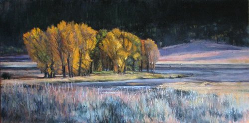“Fall On the Lamar” Oil and Oil Crayon, 14” x 28” by artist Shirley Cleary. See her portfolio by visiting www.ArtsyShark.com 
