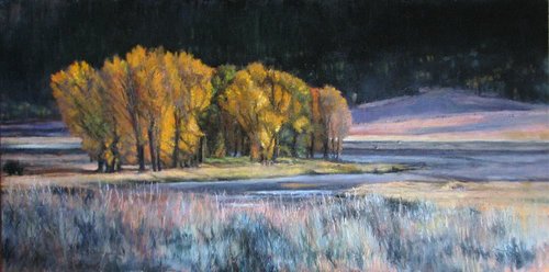 “Fall On the Lamar” Oil and Oil Crayon, 14” x 28” by artist Shirley Cleary. See her portfolio by visiting www.ArtsyShark.com