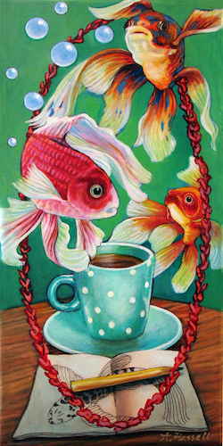 “Flight of Fancy Fish” Acrylic and Ink on Linen, 6” x 12”by artist Annette Hassell. See her portfolio by visiting www.ArtsyShark.com 