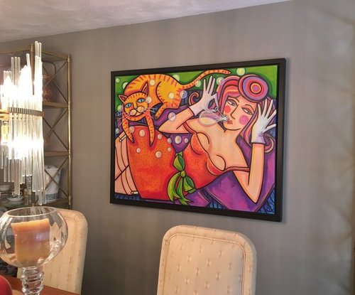 This residential interior features a painting by artist Ilene Richard. Read about artists working with interior designers at www.ArtsyShark.com