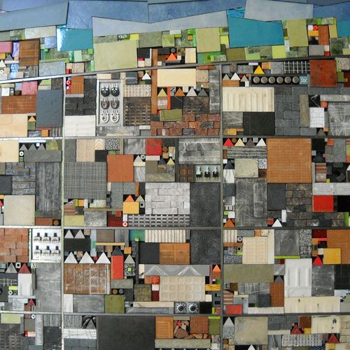 “Made in Toronto - LOCAL ECONOMIES” Tile, Metal and Glass, 18” x 18” by artist Anne Winter. See her portfolio by visiting www.ArtsyShark.com