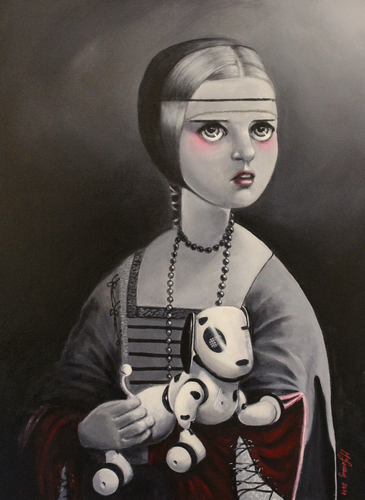"The Girl with The Robot Dog" acrylic on canvas, 30" x 40" by artist Monique Lasooij. See her feature at www.ArtsyShark.com