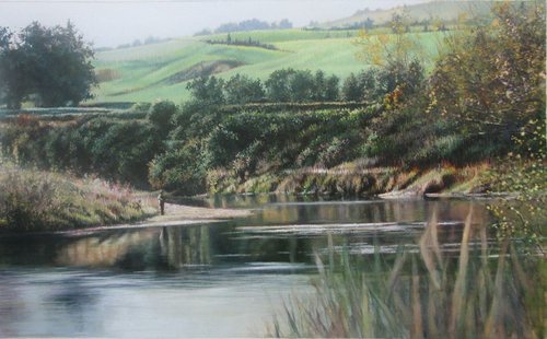 “Nice Water—Big Fish” Gouache, 14.5” x 23” by artist Shirley Cleary. See her portfolio by visiting www.ArtsyShark.com