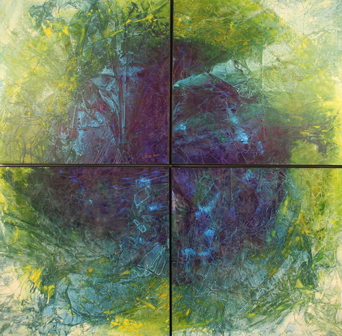 “Passage” (4 panels) Mixed Media, 60” x 60” by artist Therese Boisclair. See her portfolio by visiting www.ArtsyShark.com.