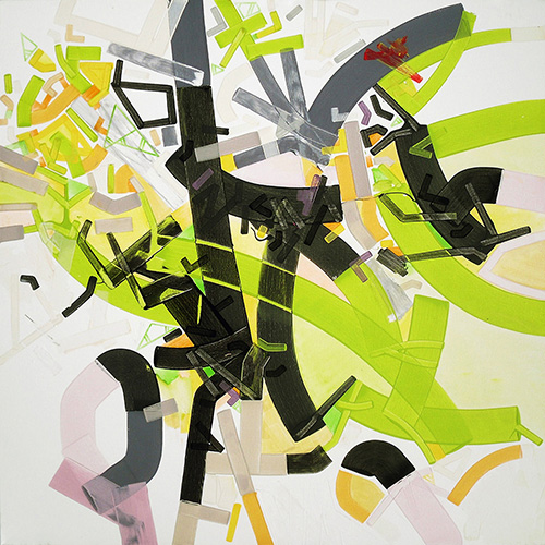 "Quelle Onraa Bouunce" acrylic, felt tip, applied with spatula, 32" x 32" by artist Phillipe Halaburda