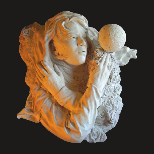 "Releasing the Veil" clay for bronze, 23" x 21" x 9" by artist Bren Sibilsky. See her feature at www.ArtsyShark.com