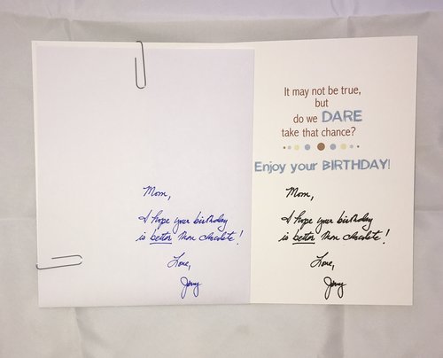 Side by side reproduction of a signature on a Blow Birthday Card.
