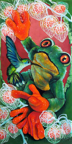 “The Hummingbird's Heart” Acrylic and Ink on Linen, 6” x 12” by artist Annette Hassell. See her portfolio by visiting www.ArtsyShark.com