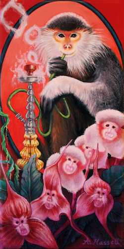 “The Monkey's Orchids” Acrylic and Ink on Linen, 6” x 12” by artist Annette Hassell. See her portfolio by visiting www.ArtsyShark.com