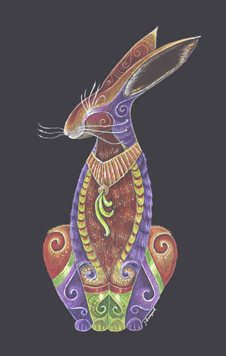 "Hare Totem" Coloured Pencil & Acrylic on Strathmore Paper, 12” x 18” by artist Jennifer Hawkyard. See her feature at www.ArtsyShark.com