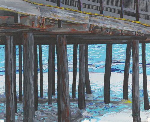 "Pier" acrylic, 16" x 20" by Joan Gallagher. See her artist feature at www.ArtsyShark.com