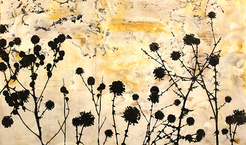 “Never Enough” Mixed Media Encaustic, 24” x 18” by artist Shannon Amidon. See her portfolio by visiting www.ArtsyShark.com.