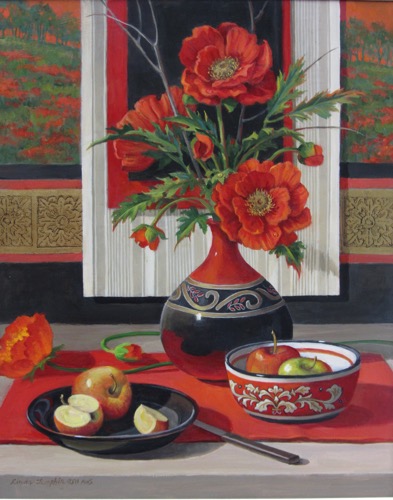 "Oriental Splendor" acrylic, 20.5" x 16.5" by Linda Thompkin. See her artist feature at www.ArtsyShark.com