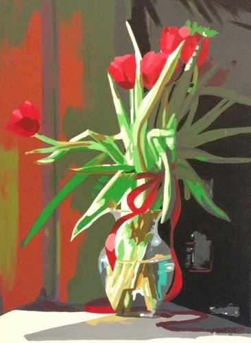 "Tulips" acrylic, 18" x 24" by artist Joan Gallagher. See her artist feature at www.ArtsyShark.com