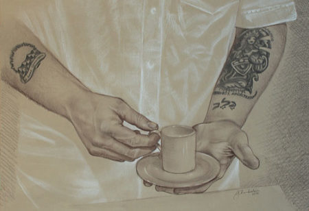 “Caleb's Espresso” Charcoal on Paper, 24" x 18" by artist Joan Chamberlain. See her portfolio by visiting www.ArtsyShark.com
