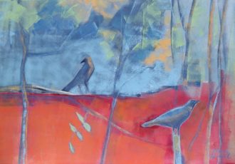 “Changing Seasons” Oil on Canvas, 39” x 27” Artist Dara Daniels in front “Ravens in Flight” Oil on Canvas, 45” x 30”