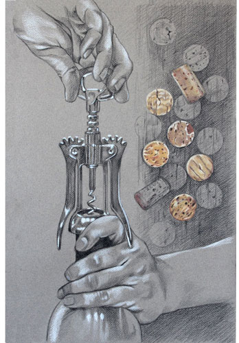 “Corks & Cab” Charcoal and Colored Pencil on Paper, 13" x 19" by artist Joan Chamberlain. See her portfolio by visiting www.ArtsyShark.com