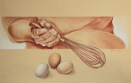 “Whisk Until Foamy” Charcoal and Colored Pencil on Paper, 19" x 13" by artist Joan Chamberlain. See her portfolio by visiting www.ArtsyShark.com